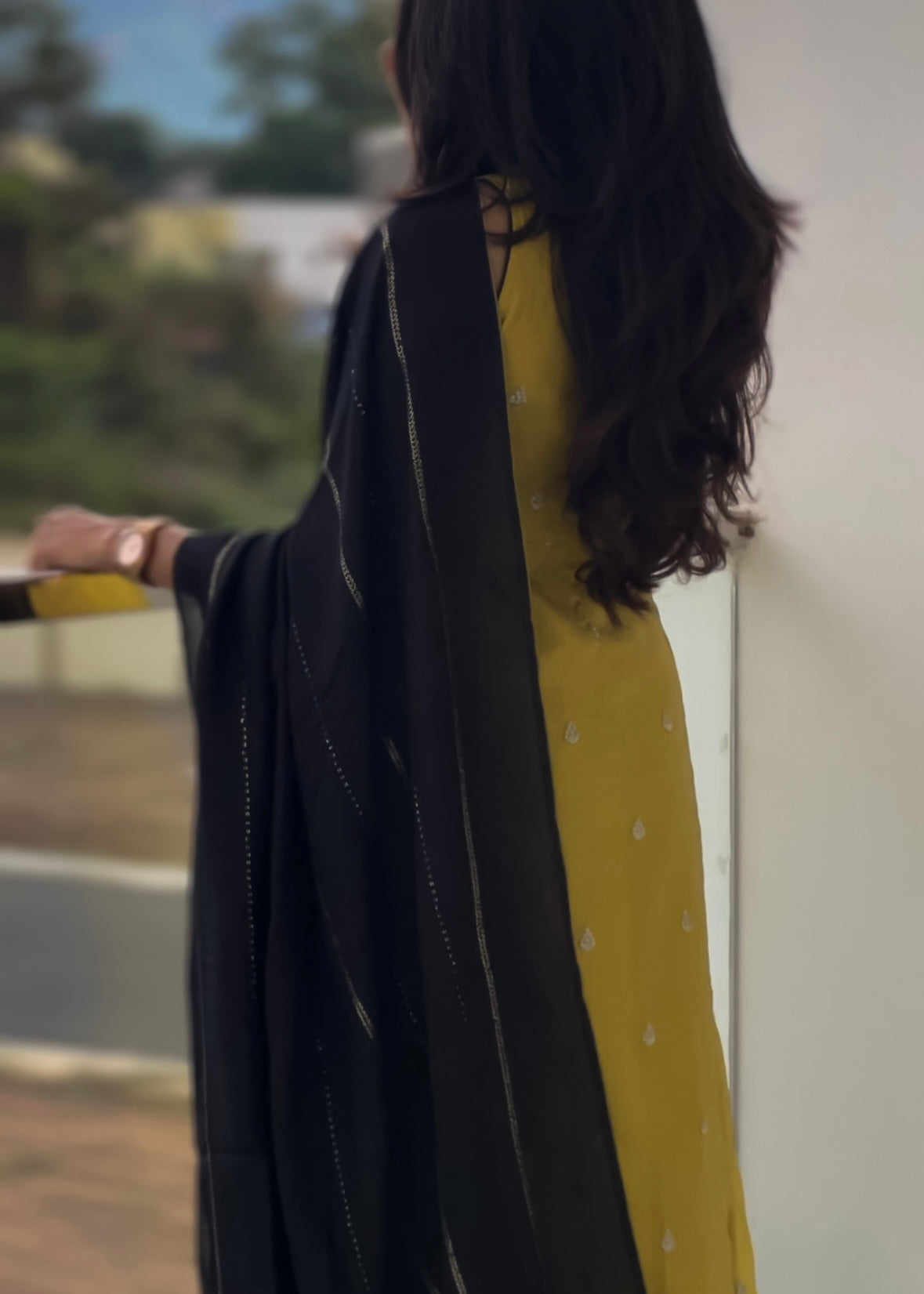 Lime Yellow kurta with Black Shawl